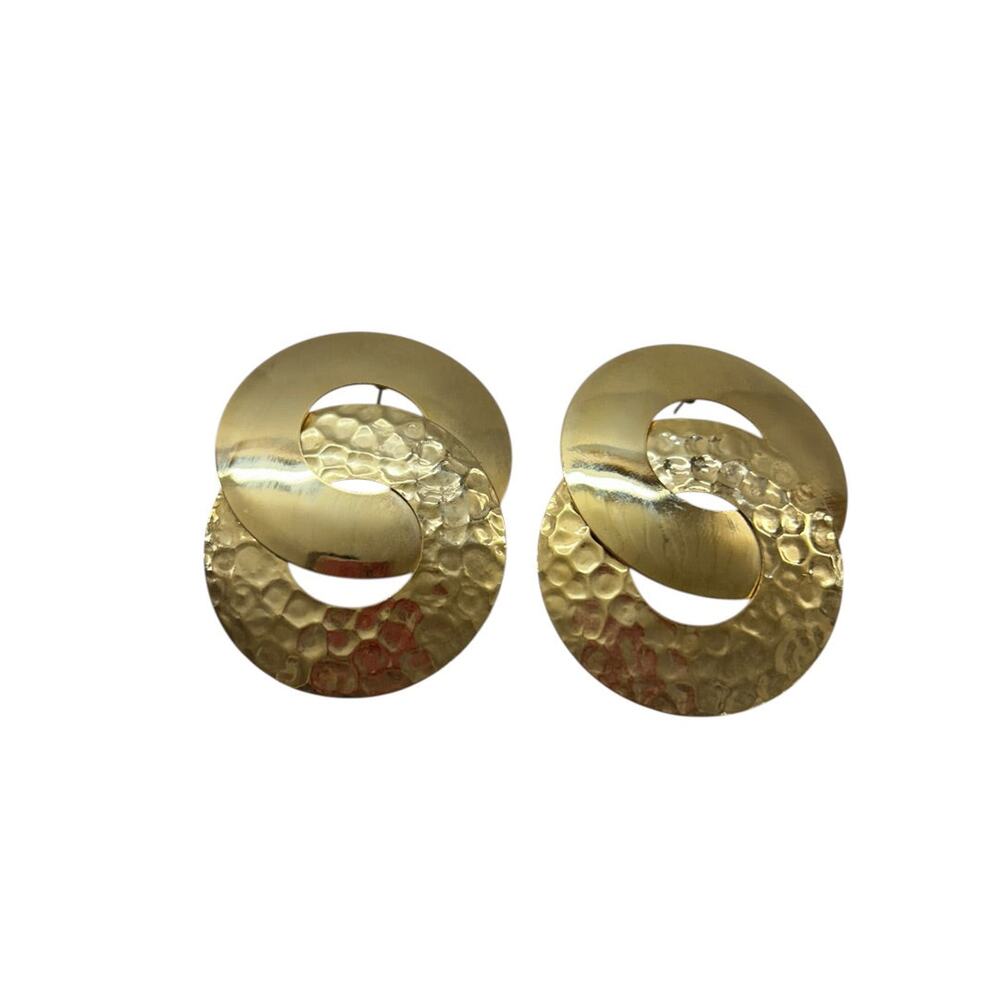 Vintage Goldtone Statement Earrings Hammered Pierced 2.2 Inch